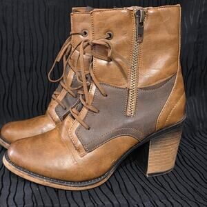 Pierre Dumas Women Brown Lace Up Side Zip Heeled Ankle Boots Size 8.5